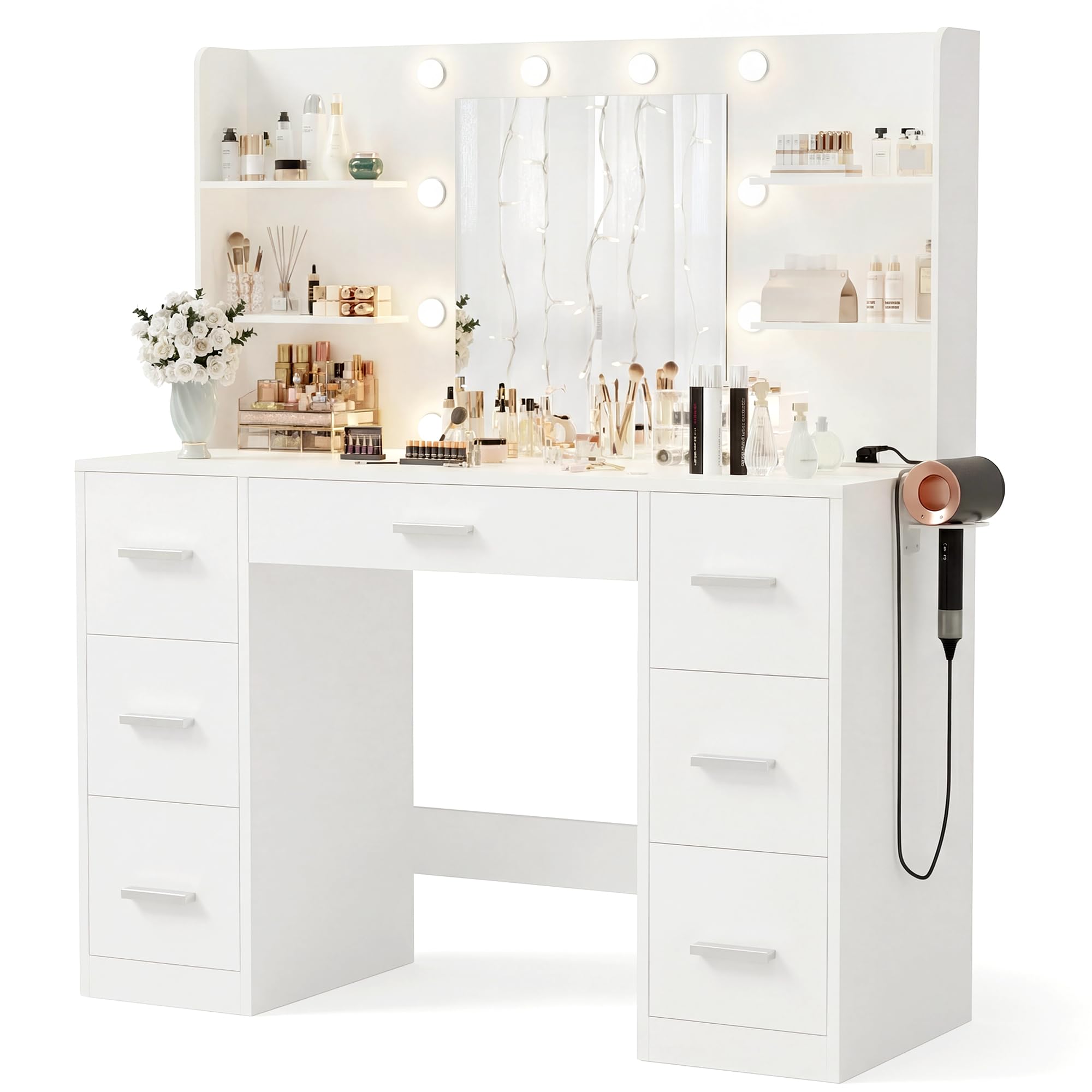 Furmax Vanity Desk with Mirror, LED Lights and Power Outlet Makeup Vanity Table with 7 Drawers and 6 Storage Shelves Dressing Table for Bedroom Dressing Room (Bright White)