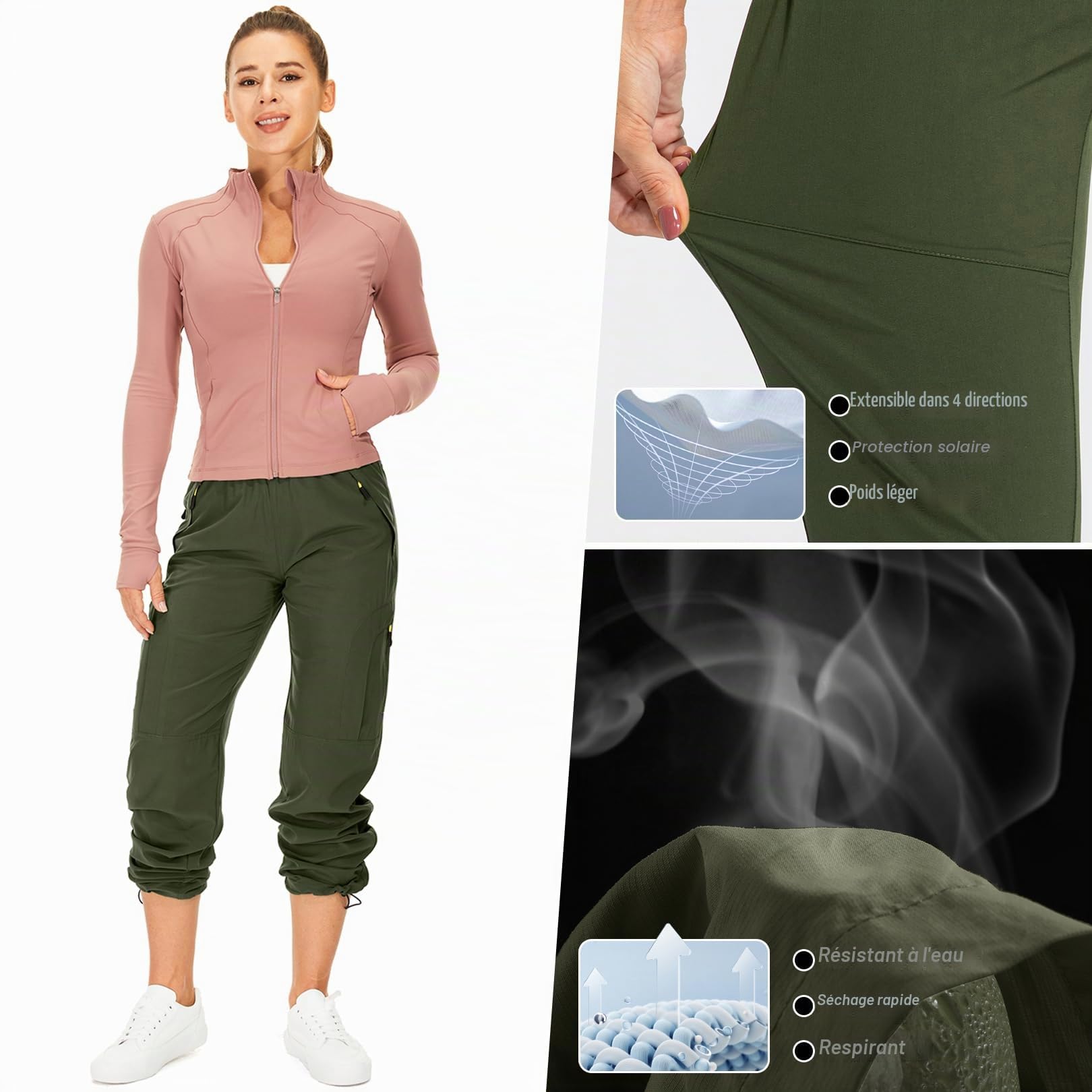 mosingle Pantalon cargo de marche léger à séchage rapide UPF 50 pour femme, pour safari, voyage, travail, golf, décontracté, poches zippées