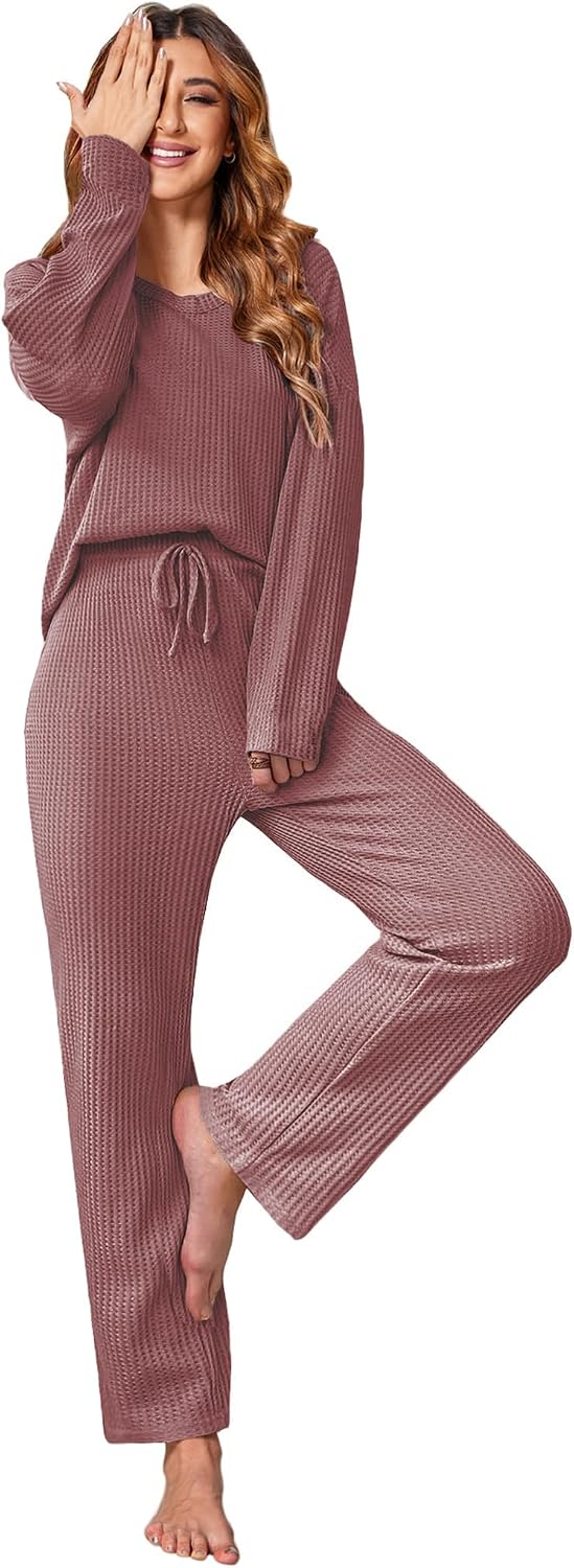 Ekouaer Waffle Knit Pajama Sets Comfy Lounge Sets 2 Piece Matching Pj Sets