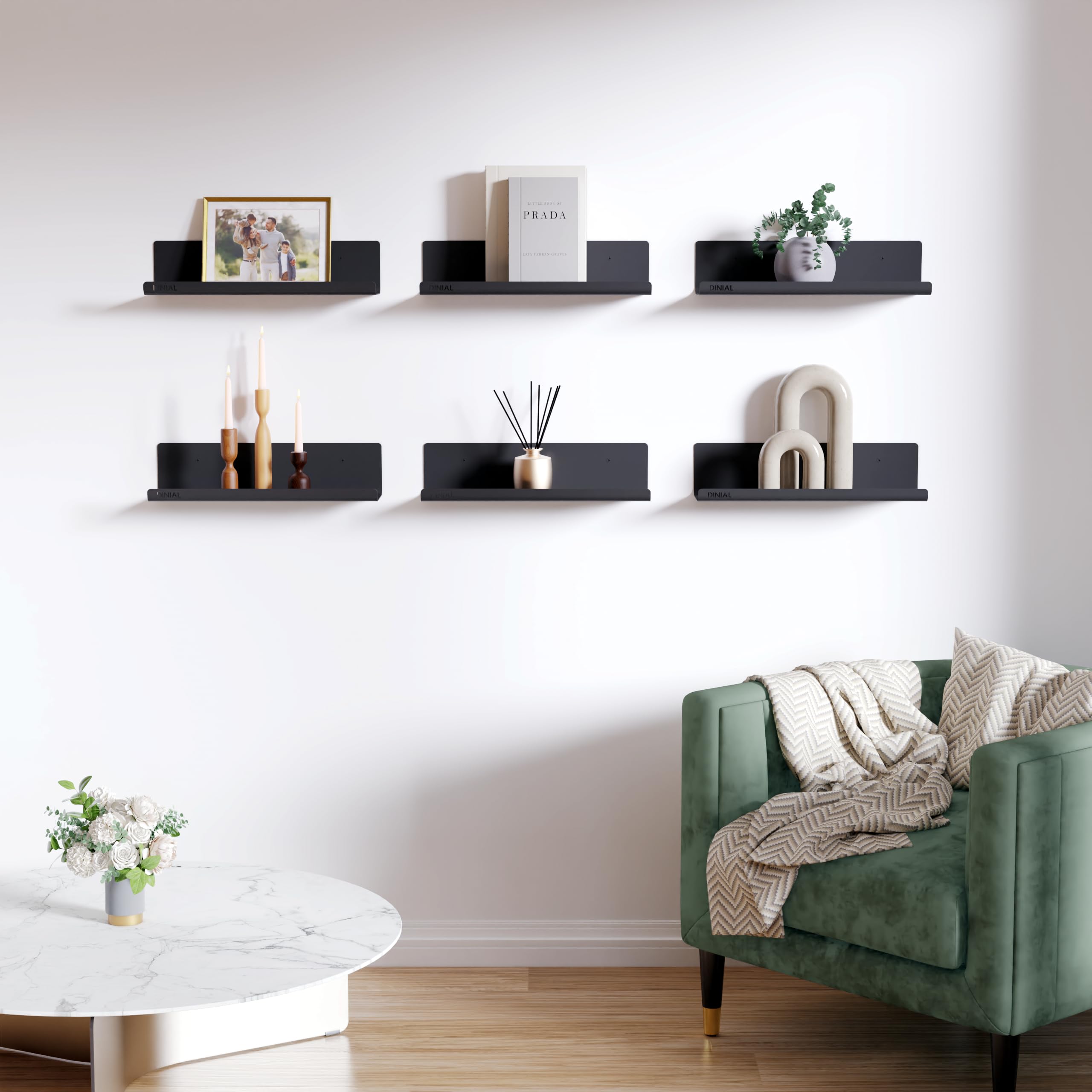 Estantes flotantes para pared, paquete de 6 estantes de metal de 32 x 10 cm, decoración de habitación para librería/exhibición de discos de vinilo/fotos/imágenes en dormitorio, sala de estar