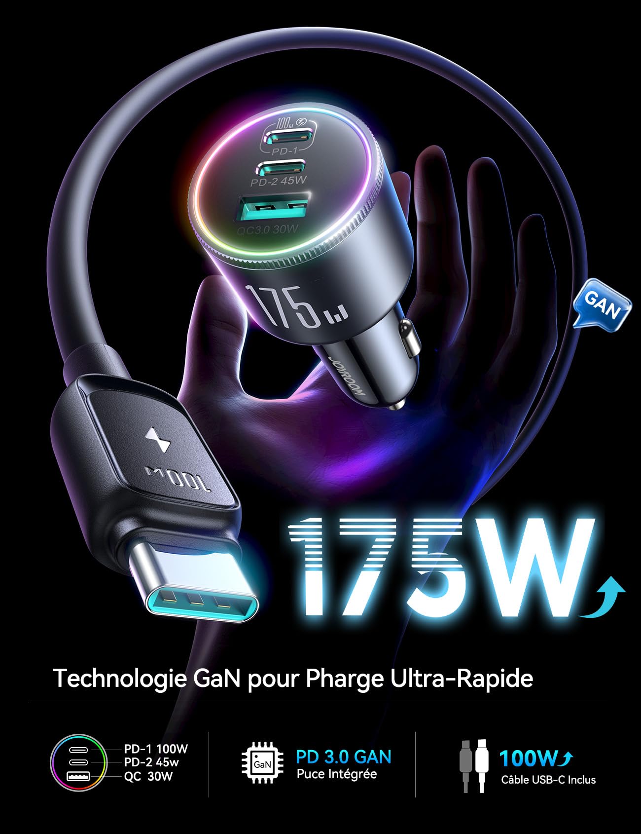 JOYROOM 175W 3 Ports Allume-Cigare USB-C avec Câble USB-C 100W, [3 GaN Puces] Adaptateur Chargeur Voiture PD100W & QC3.0 Rapide Compatible iPhone17/16/15/Samsung S25/S24/Smartphone/iPad/MacBook/Laptop