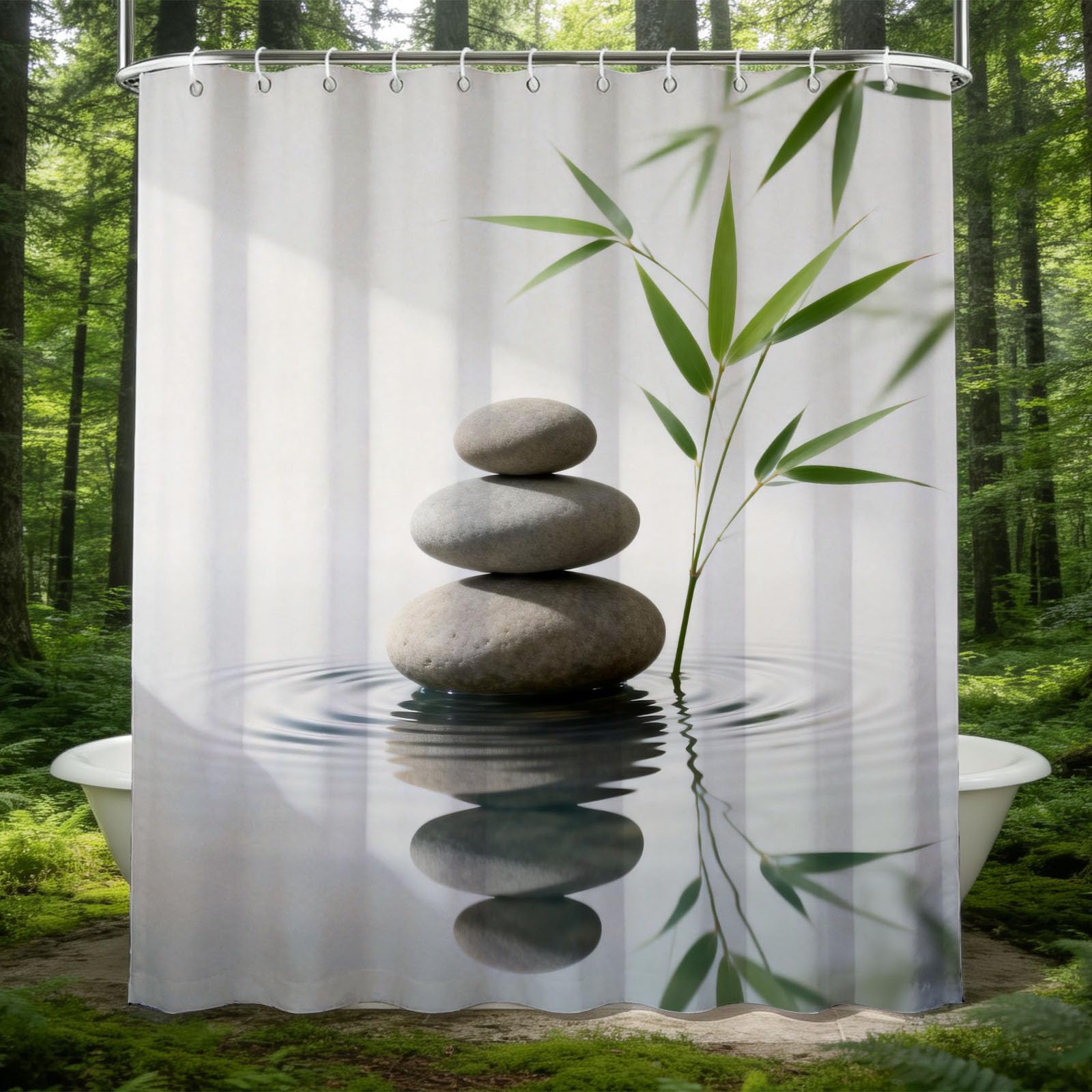 Hongduo 3D Zen Shower Curtain for Stalls Bathtubs Bamboo Bathroom Decor Shower Curtain Set Polyester Fabric Waterproof 120x180cm/48X71 Inch with Hooks