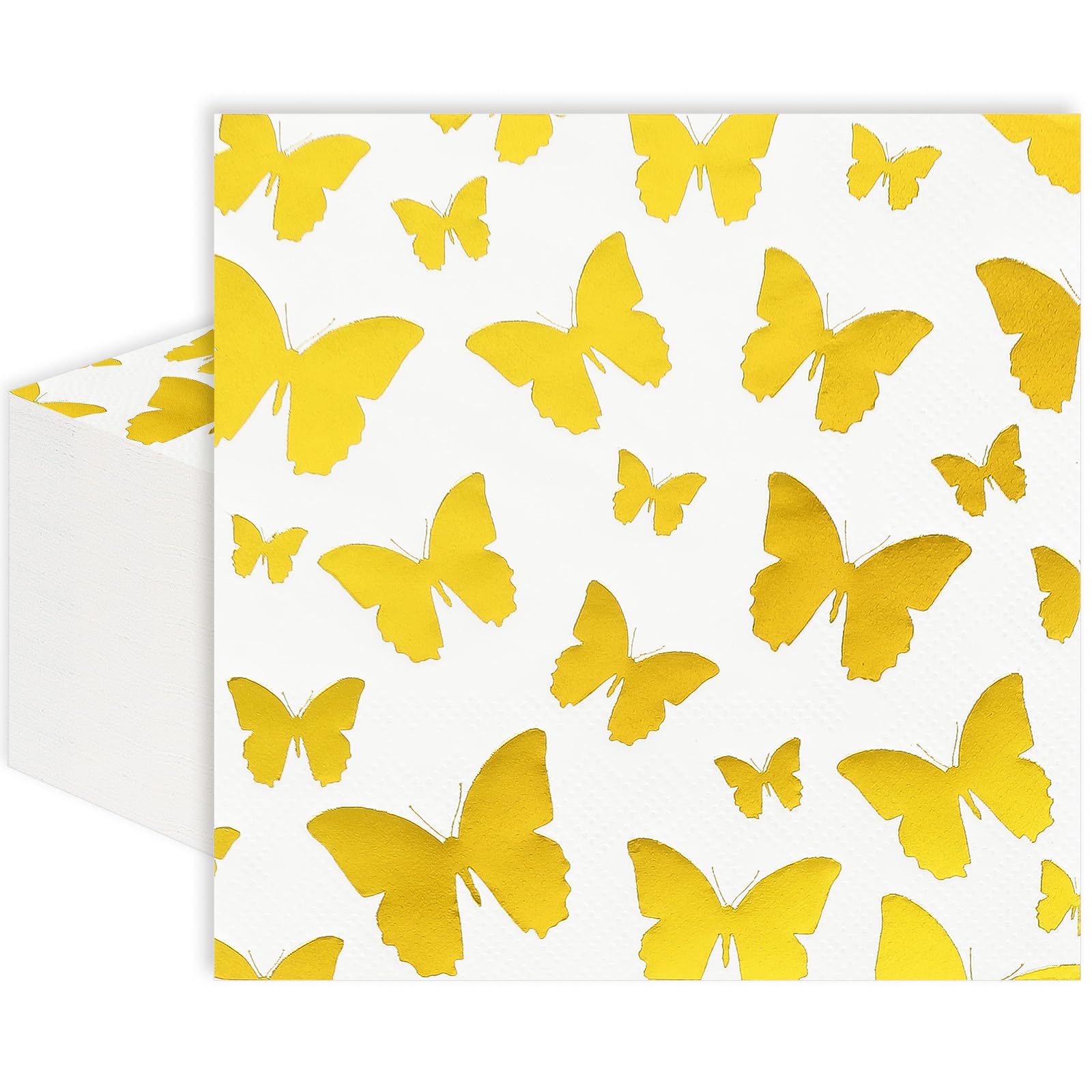 JarThenaAMCS Cocktail-Servietten, Motiv: Frühlingsschmetterling, Goldfolie, Schmetterling, Einweg-Papierservietten, Weißgold, Getränke-Servietten für Geburtstag, Babyparty, Party, Geschirr, 100 Stück