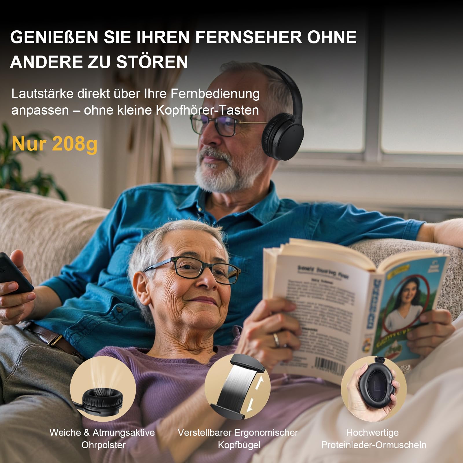 Kabellose TV-Kopfhörer für Senioren AptX Low Latency Over-Ear Headset mit USB-Sender Lauter & Klarer 20 Stunden Spielzeit
