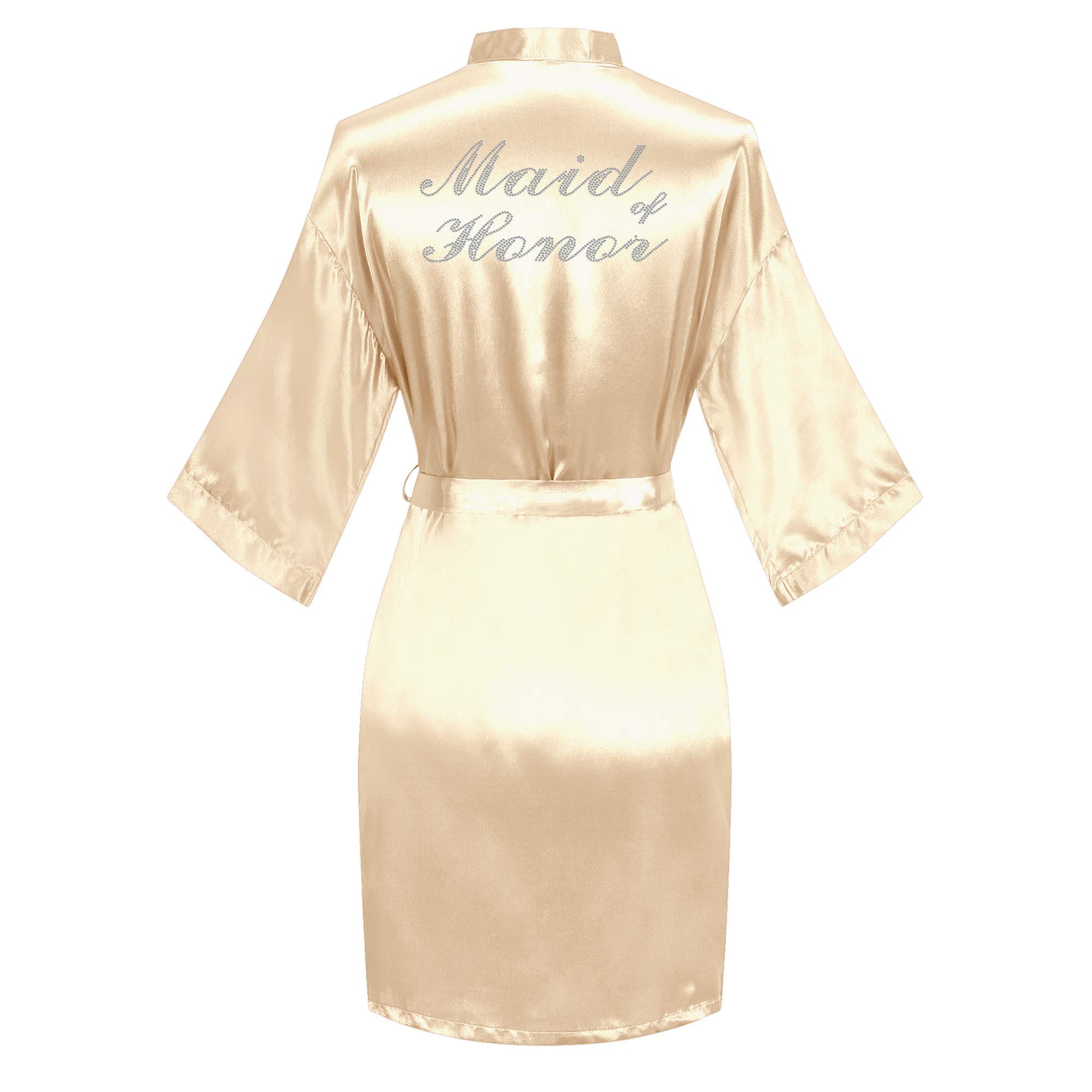 Women's Satin Robe Short Kimono for Bride &amp; Bridesmaid with Silver Rhinestones, Wedding Party Robes