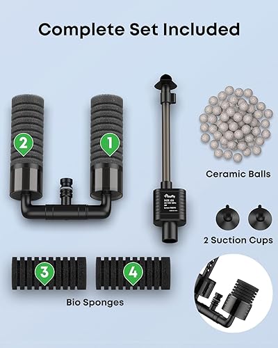 Miniatura 7 de Pawfly Filtro de esponja para acuario, filtro de tanque de peces de 70 GPH, filtro sumergible de 3 W para acuario pequeño con bomba de agua, espumas