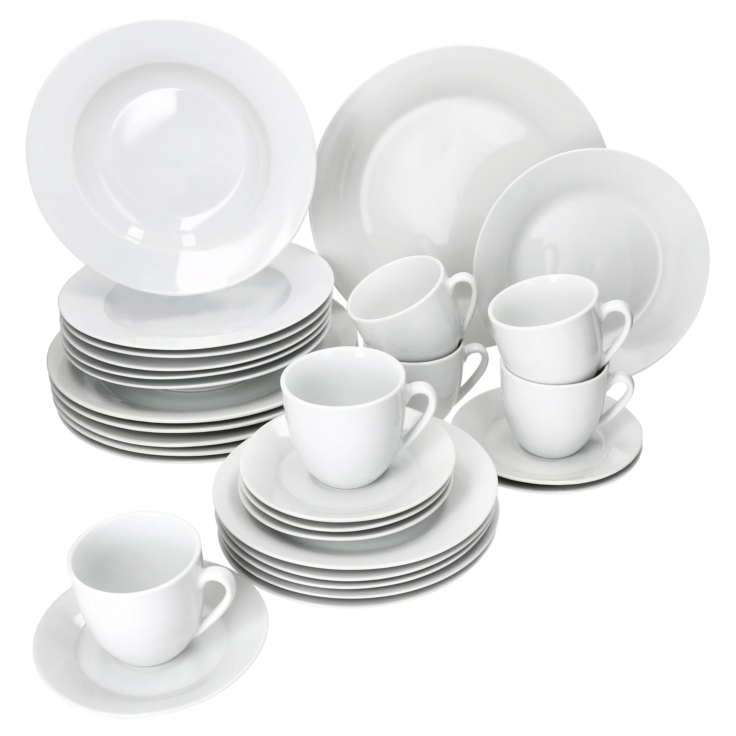 MamboCat Tommy 30tlg Kombiservice I weiße Porzellan-Geschirrset für 6 Personen I Je 6x Kaffeetassen 200ml, Untertassen, Kuchenteller, Suppenteller & Speiseteller I Tafel & Kaffee für Gastro, Hotel