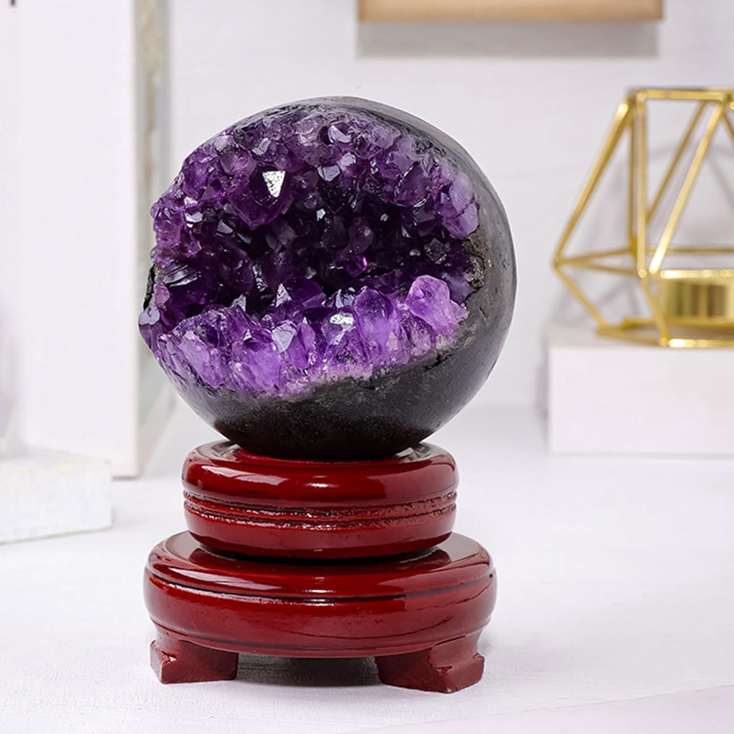 Crystal Divnation Sphere Amethyst Druzy Geode Crystal Ball Gemstone Sphere Stone Figurine for Home Office Decoration,6.5~7cm