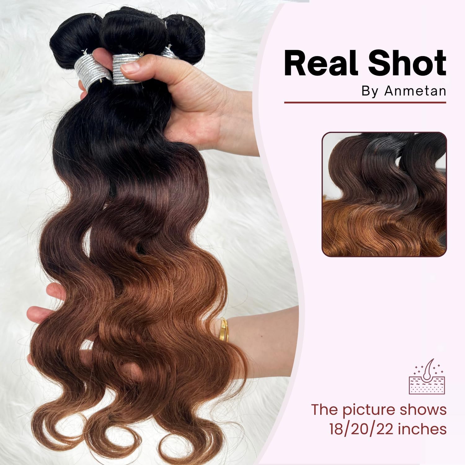 T1B/2/30 Ombre Body Wave Human Hair Bundles with Closure, 12A Chestnut Brown 3 Bundles and 4x4 HD Lace Closure Free Part Real Remy Hair Wavy Thick 3 Tone Weave With Dark Roots 12/14/16+12 Inch