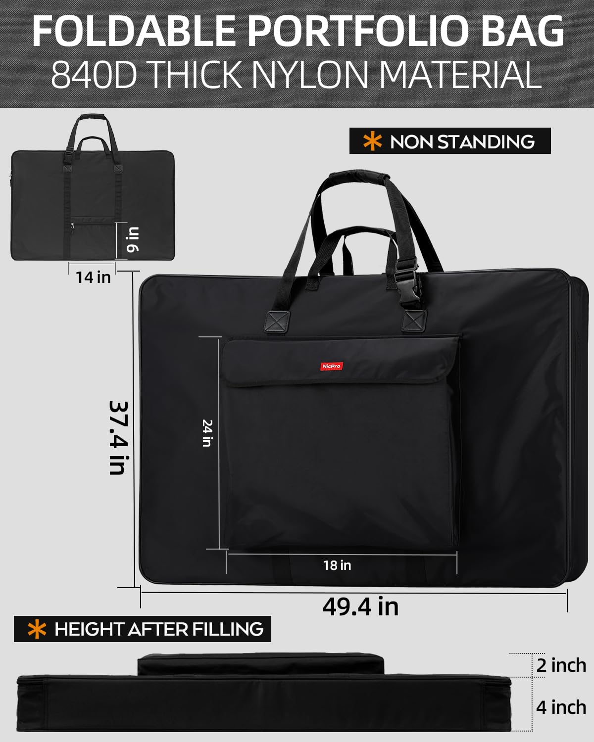 Nicpro Borsa portfolio per artisti, 91,4 x 121,2 cm, impermeabile, in nylon, con lati morbidi, con tracolla, custodia per riporre opere d'arte, schizzi, disegni, tele, poster, pannelli solari