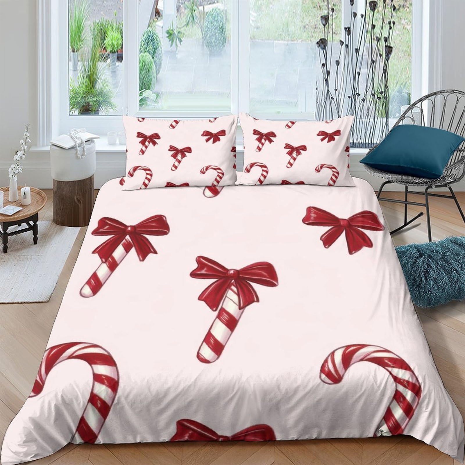 Ctjqhvkz Style-9 3D Printed Candy Cane Fitted Sheet Microfiber Soft Red Bow Bed Cover For Bedroom Guest Room Dorm Decor Easy Care Single（135X200cm）