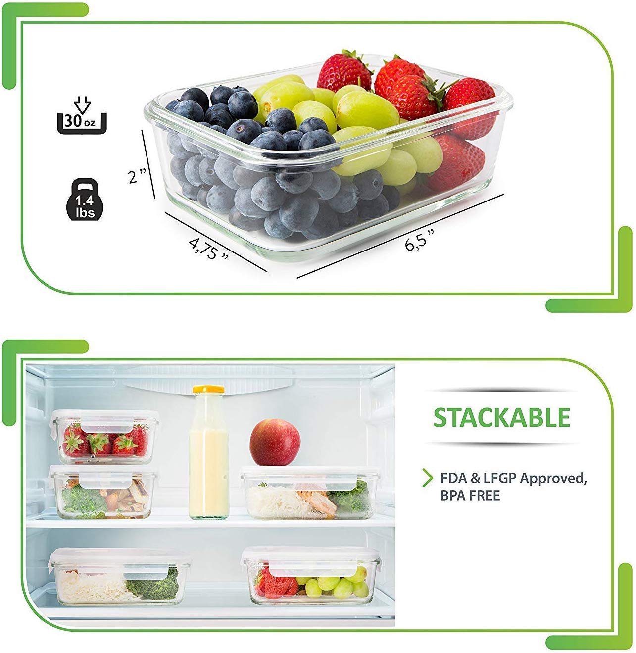 Glass Food Containers With Lids (5 Pack 850 ml) Airtight Glass Meal