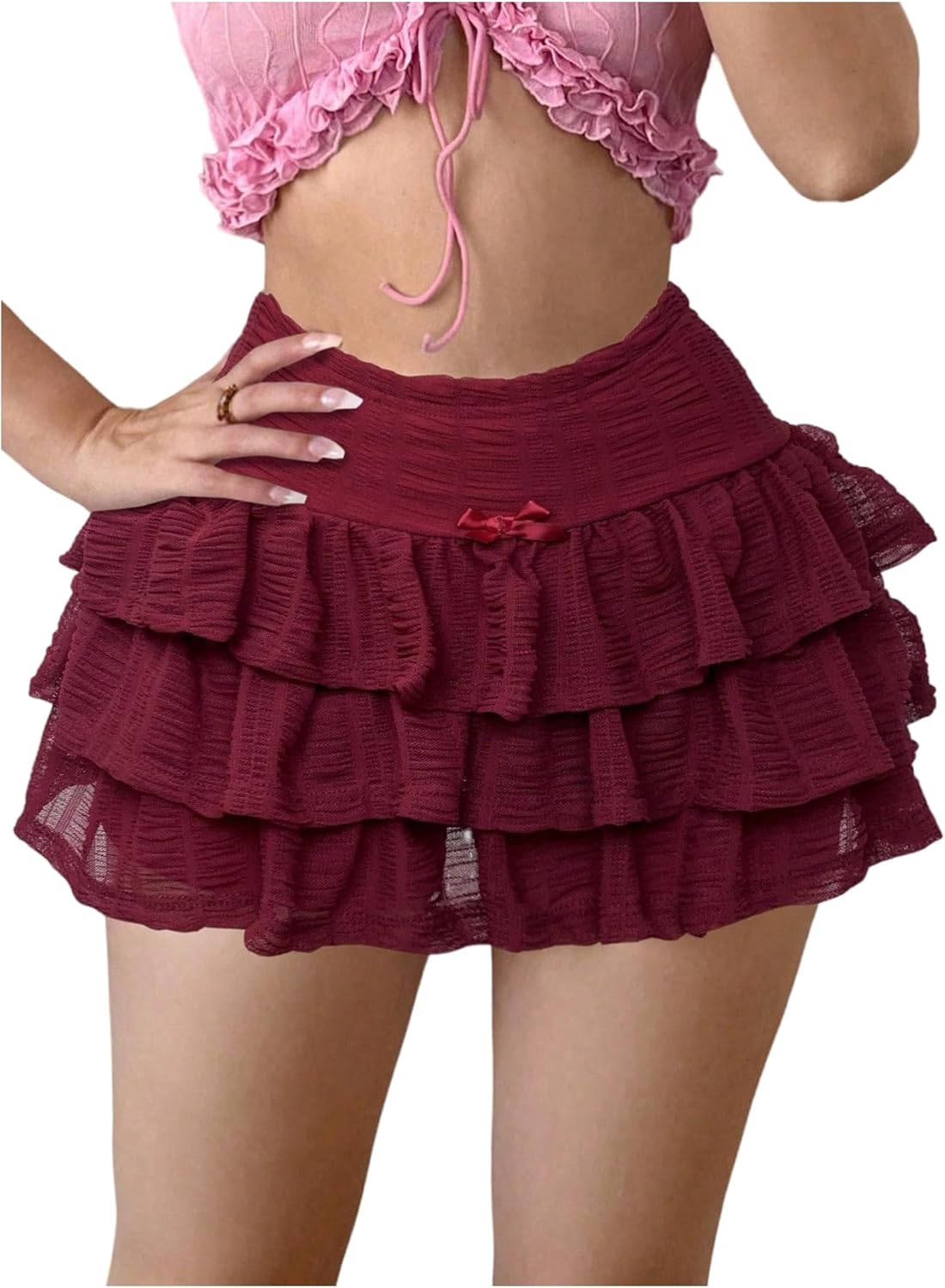BEAUDRM Women's Y2K Ruffle Skirt Mesh Lace Ruched Cute A Line Tiered Mini Cake Skirts