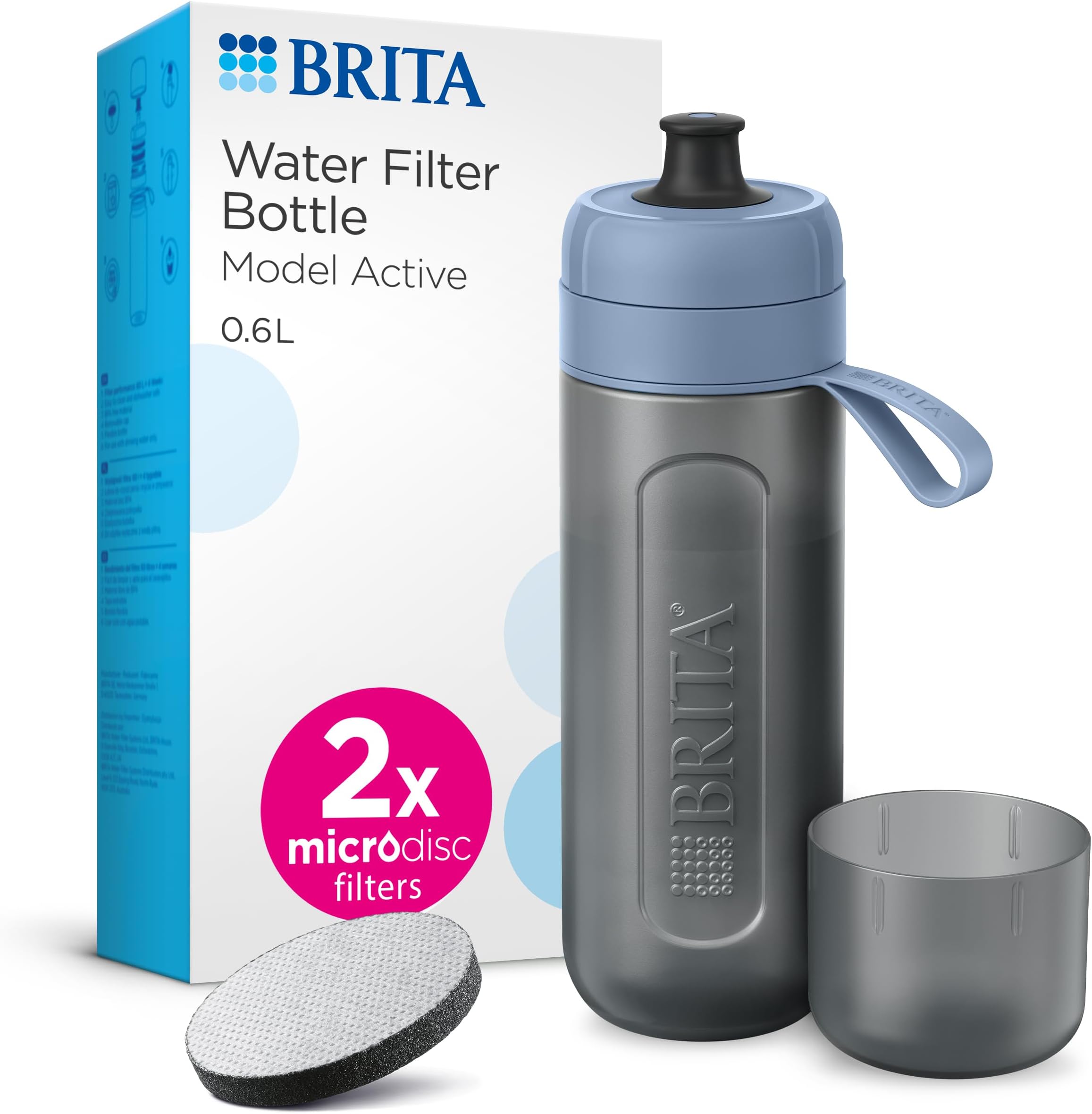 Sports Water Filter Bottle Model Active Dark Blue (600ml) - squeezable BPA-free on-the-go bottle, filters chlorine, organic impurities, hormones & pesticides and preserves key minerals
