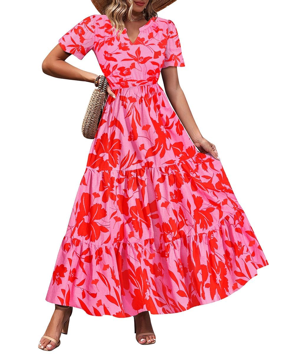 TIYOMI Women Plus Size Dress Boho V Neck Short Sleeve Beach Maxi Dresses Floral/Stripe/Leaves/Lemon XL-5XL