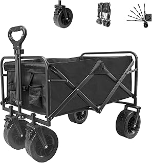 Collapsible Foldable Wagon,Beach Wagon with Big Wheels for Sand,Utility Grocery Wagon with Side Pocket and Brakes for Camping Sports Outdoor Activities