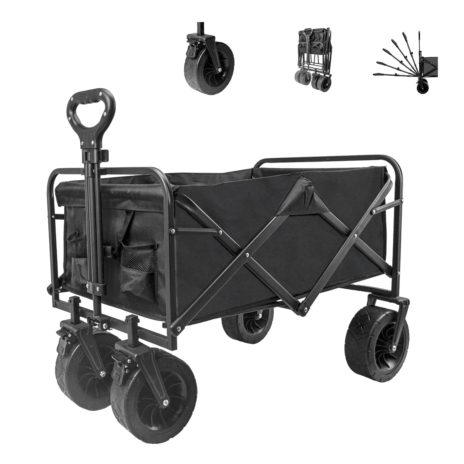 Collapsible Foldable Wagon,Beach Wagon with Big Wheels for Sand,Utility Grocery Wagon with Side Pocket and Brakes for Camping Sports Outdoor Activities