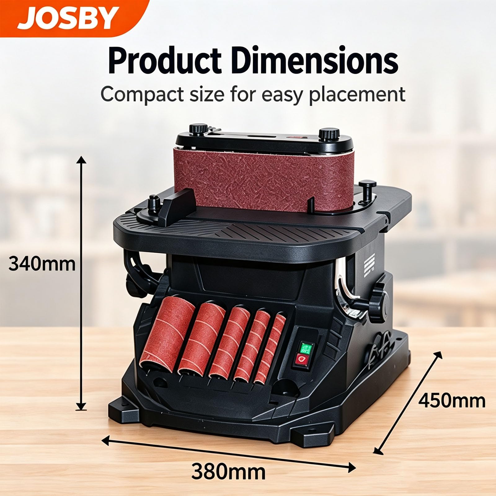 JOSBY Levigatrice A Nastro da Banco, Potente Levigatrice da Banco da 450 W, 2850 Giri/min, Utensile Compatto per Levigare Il Legno, per Modellare, Levigare E Rifinire Progetti di Falegnameria