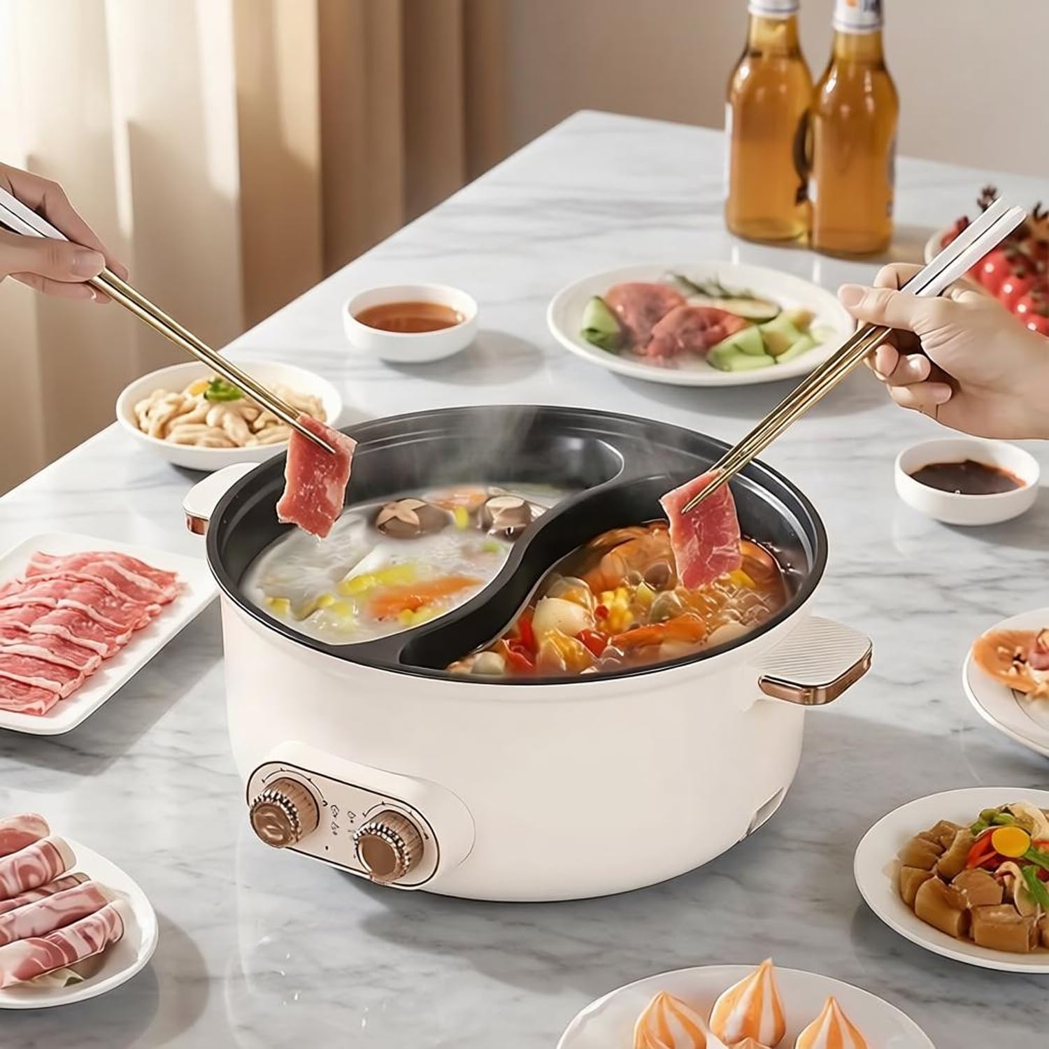 Hot pot électrique, 7,5 L Double Récipient avec Deux Régulateurs, 1600 W, Mijoteuse électrique avec Cloison de Séparation - 3 Vitesses, Hotpot Multifonctionnel pour Rôtir, Préparer des Ramen