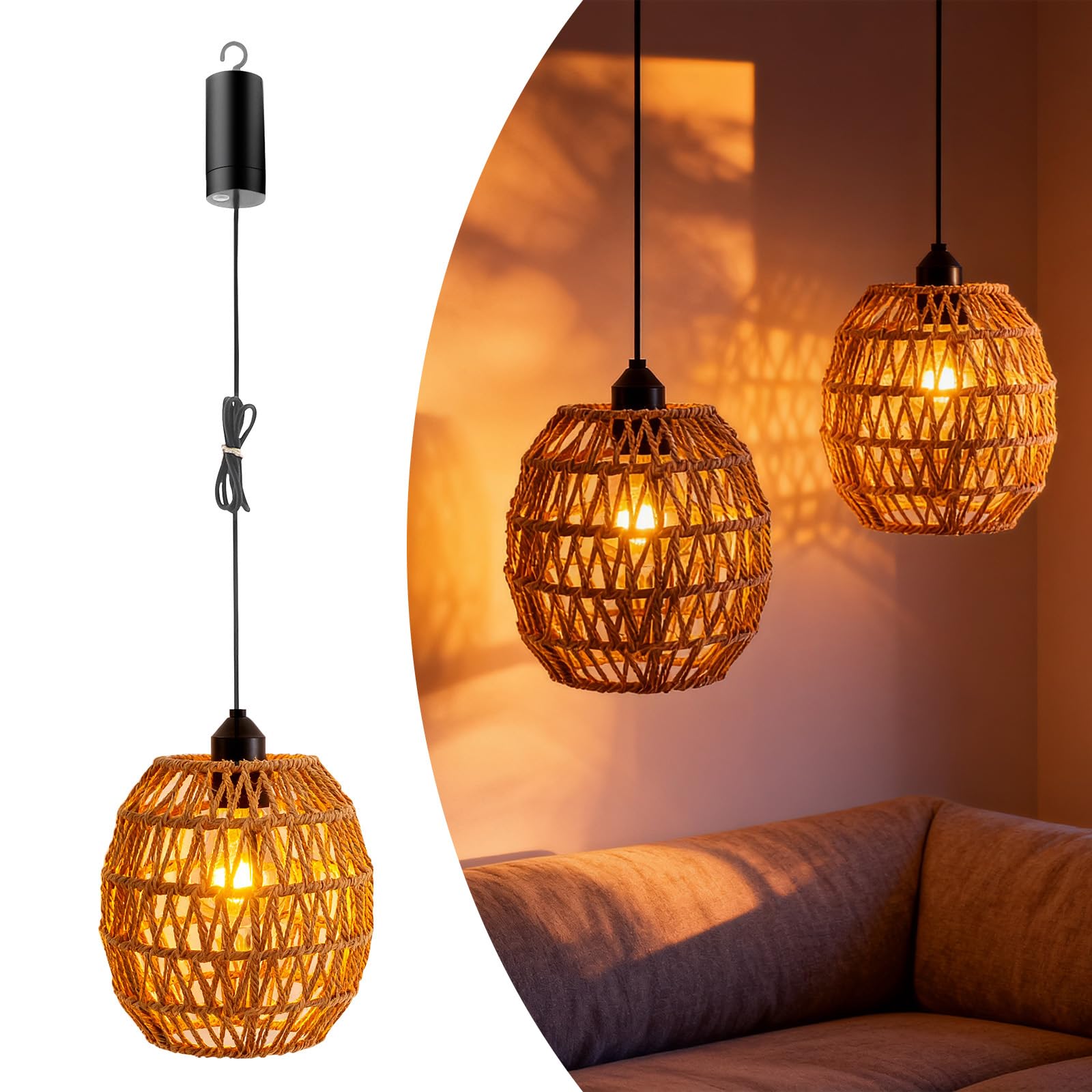 Hängelampe Rattan, 2 Stück Vintage Pendelleuchte Akku, Lampenschirm Hängelampe Boho Ohne Strom, E27 Outdoor Hängend Lampe für Patio Bar Garten Terrasse Wohnzimmer Schlafzimmer