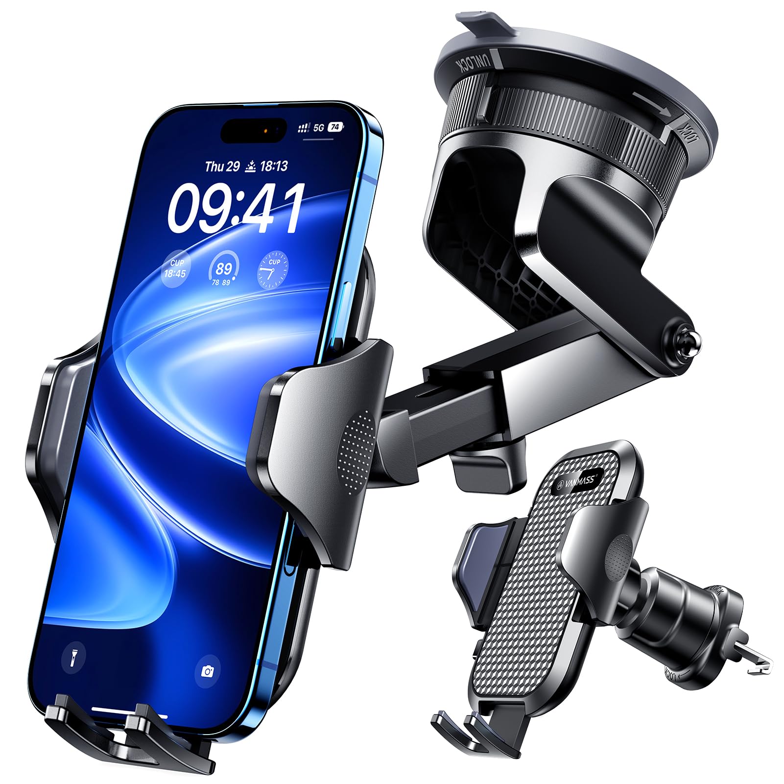 VANMASS 2026 Militärische Handyhalterung Auto Upgrade【Stärkste Saugnapf & Lüftungshaken 】4 in 1 Smartphone Auto Handyhalter 360°drehbar Autohalter auf Armaturenbrett Scheibe für iPhone Samsung,Schwarz