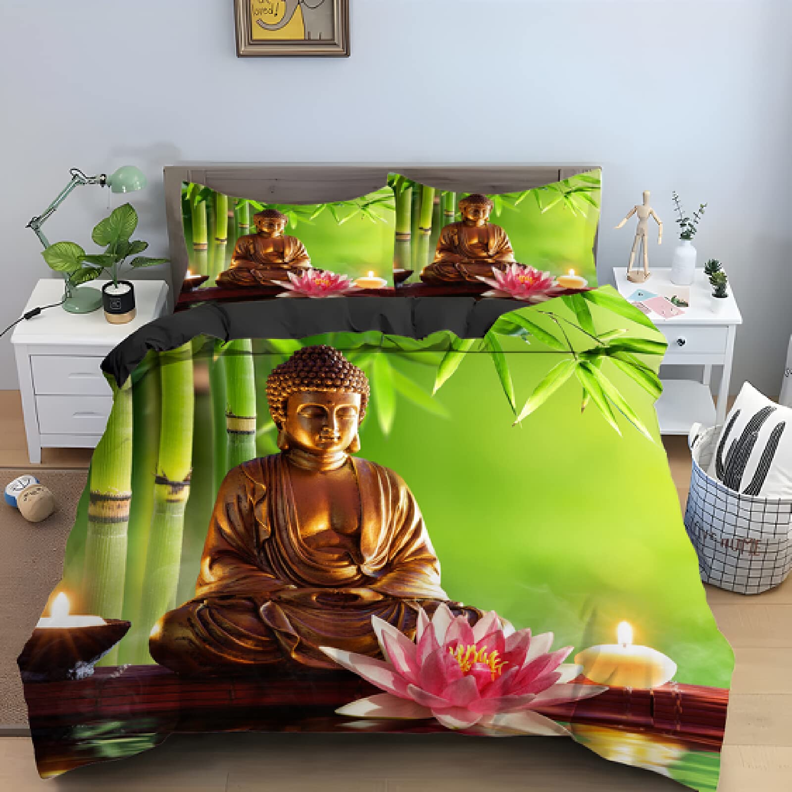 Housse de couette 220x240 Bouddha avec 2 taies d'oreiller pour un lit adulte zen