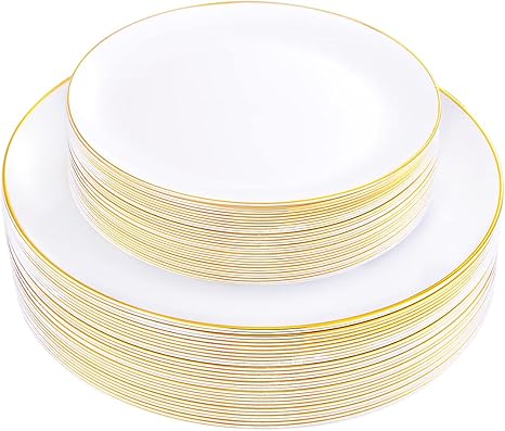 KIRE 60PCS Gold Plastic Plates - Thanksgiving Heavy Duty White Disposable Plates with Gold Rim for Party/Wedding- Include 30Pieces 10.25inch Dinner Plate and 30Pcs 7.5inch Dessert Plate