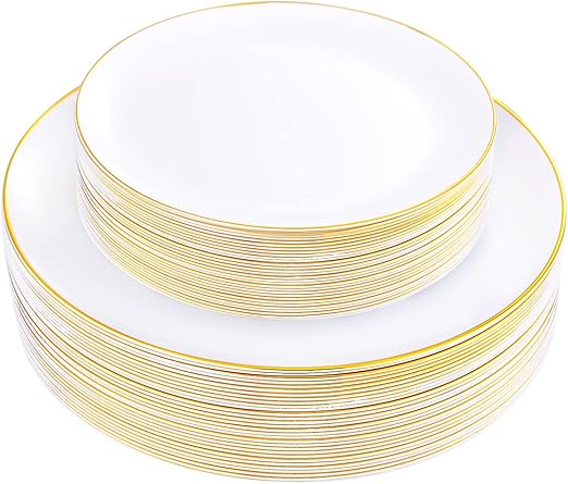 KIRE 60PCS Gold Plastic Plates - Thanksgiving Heavy Duty White Disposable Plates with Gold Rim for Party/Wedding- Include 30Pieces 10.25inch Dinner Plate and 30Pcs 7.5inch Dessert Plate