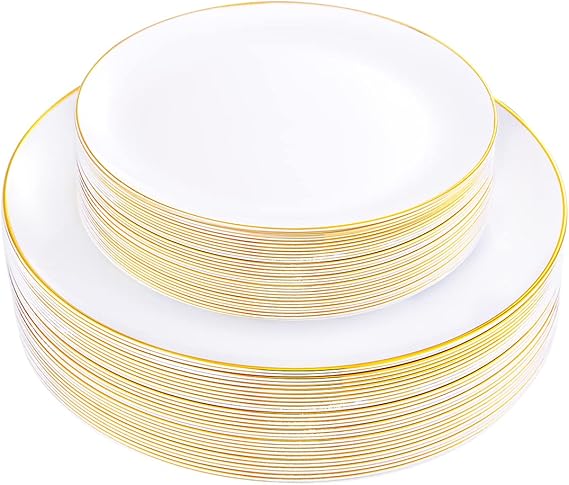 KIRE 60PCS Gold Plastic Plates - Thanksgiving Heavy Duty White Disposable Plates with Gold Rim for Party/Wedding- Include 30Pieces 10.25inch Dinner Plate and 30Pcs 7.5inch Dessert Plate