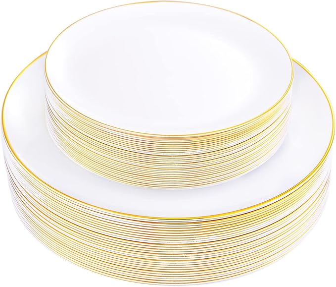 KIRE 60PCS Gold Plastic Plates - Thanksgiving Heavy Duty White Disposable Plates with Gold Rim for Party/Wedding- Include 30Pieces 10.25inch Dinner Plate and 30Pcs 7.5inch Dessert Plate