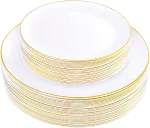 KIRE 60PCS Gold Plastic Plates - Thanksgiving Heavy Duty White Disposable Plates with Gold Rim for Party/Wedding- Include 30Pieces 10.25inch Dinner Plate and 30Pcs 7.5inch Dessert Plate