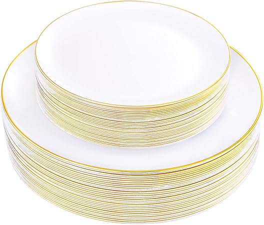 KIRE 60PCS Gold Plastic Plates - Thanksgiving Heavy Duty White Disposable Plates with Gold Rim for Party/Wedding- Include 30Pieces 10.25inch Dinner Plate and 30Pcs 7.5inch Dessert Plate