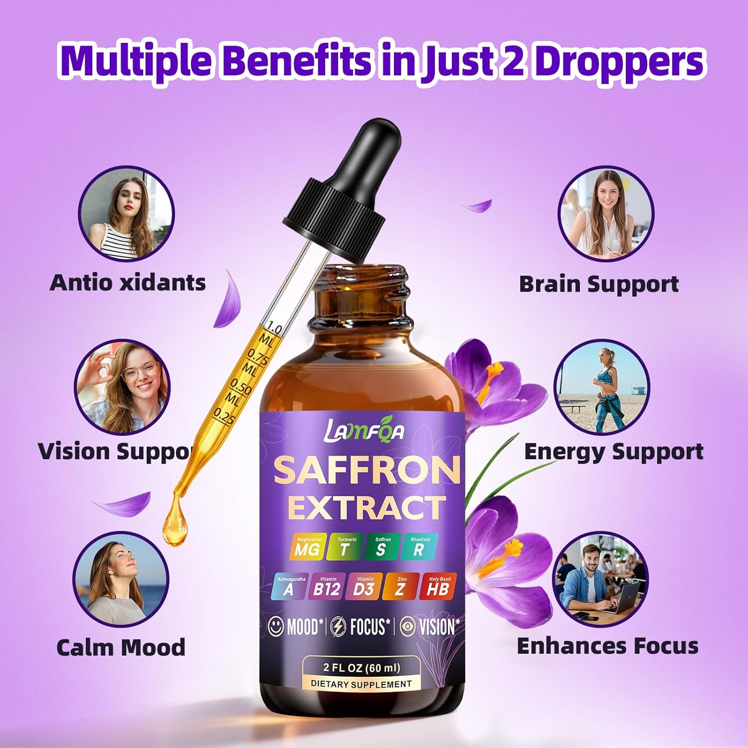 Saffron Extract for Anxiety Relief & Calm Mood Support | 88.5mg Saffron Supplement Drops for Mood, Focus, Eye Support for Mood, Energy & Cognitive Support - 2 fl oz - 2 Pack