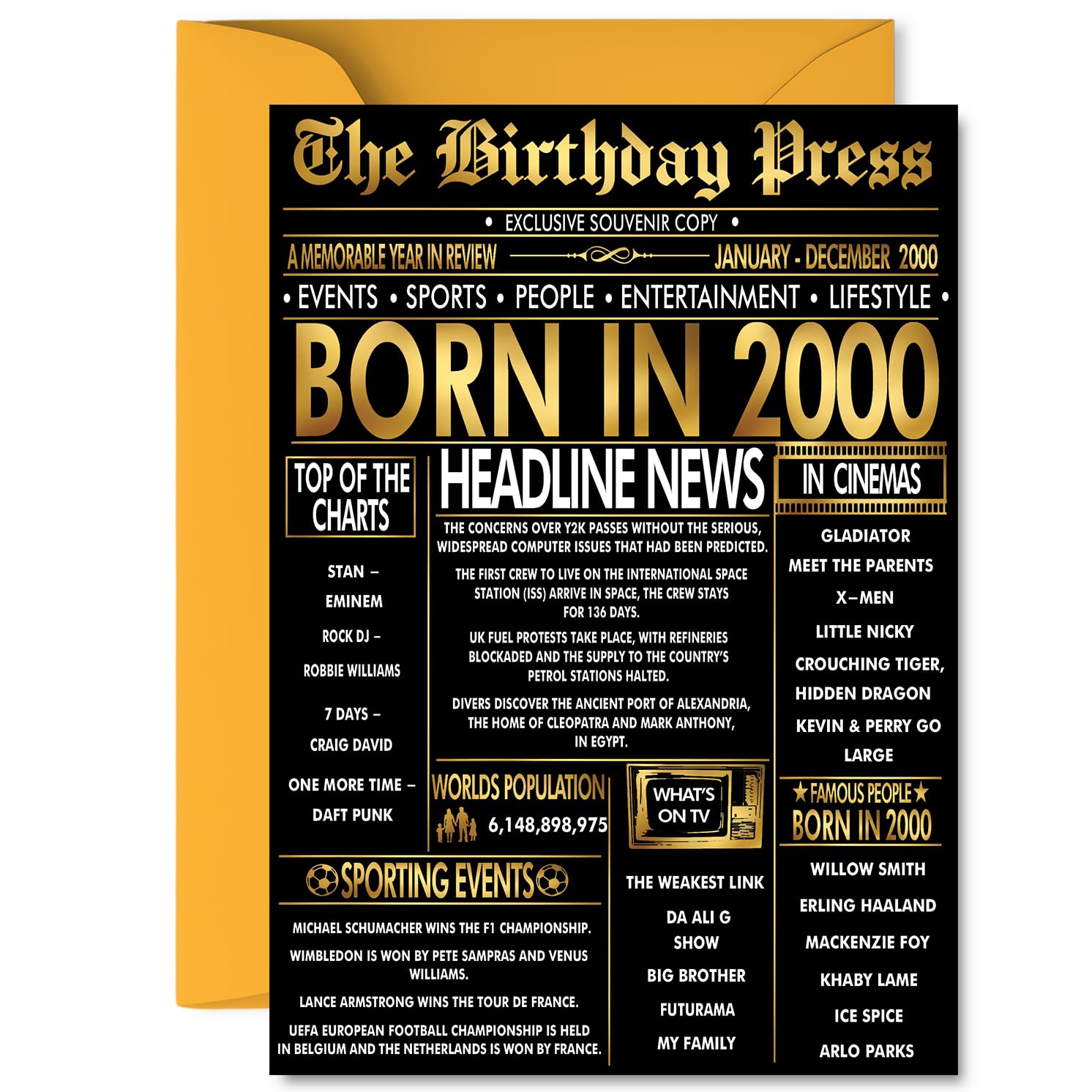 Gold 26th Birthday Card for Men Women - Black & Golden Newspaper Born in 2000 - Happy 26 Birthday Cards for Colleague Friend Cousin Sister Niece Son, A5 Bday Greeting Cards