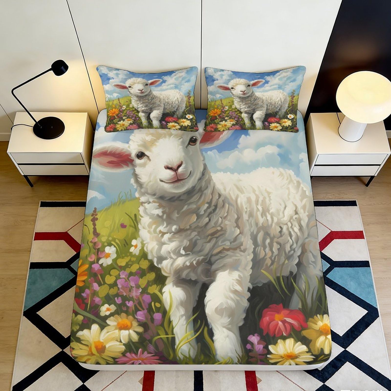 3D Printed Lamb Meadow Fitted Sheet Microfiber Soft Breathable Sheep Flower Bed Cover for Bedroom Guest Room Decor 180x200x25cm