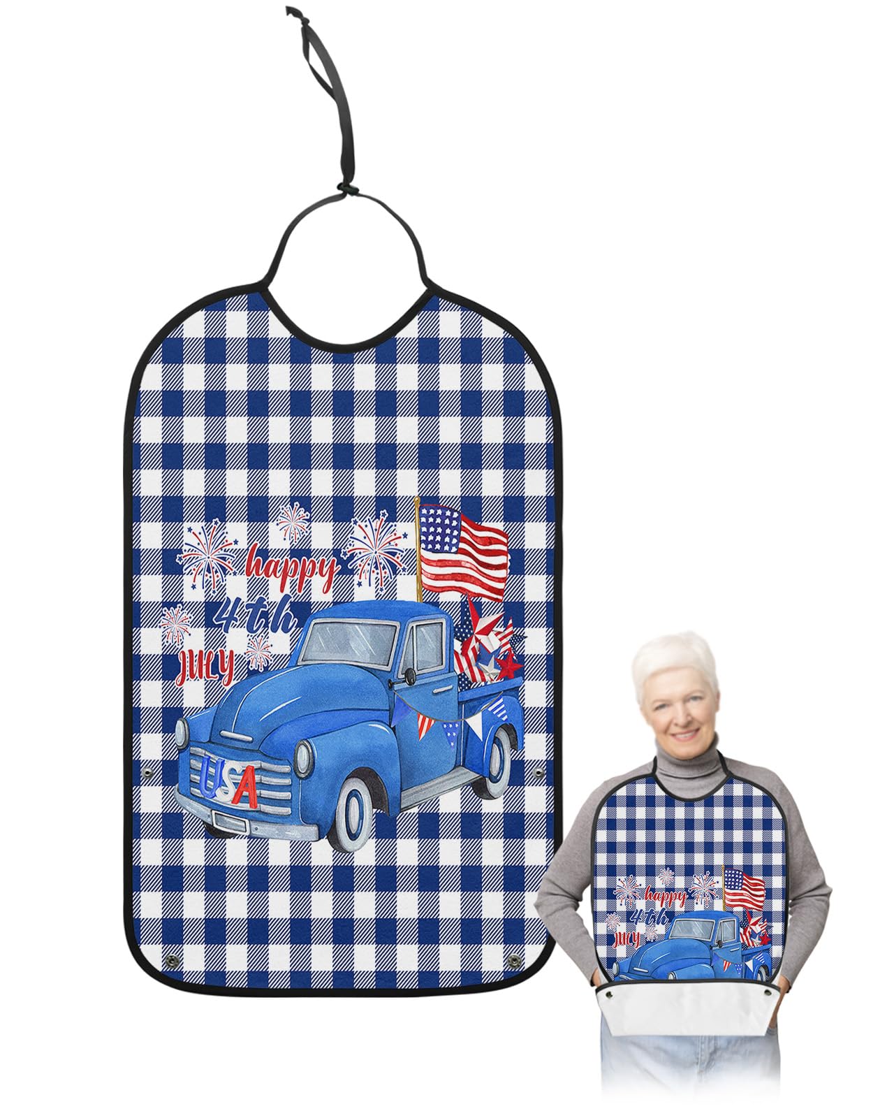 Summer Holiday Adult Bib for Eating with Crumb Catcher,Washable & Waterproof Terry Cloth Adjustable Elderly Women Men Adult Bibs Funny Apron Clothing Protector Independence Day Blue Plaid Flag