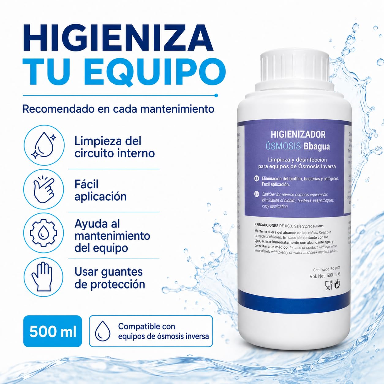 Bbagua Kit Mantenimiento Ósmosis Inversa 50 GPD con Membrana, 3 Prefiltros de 10”, Postfiltro Remineralizante e Higienizador 500 ml