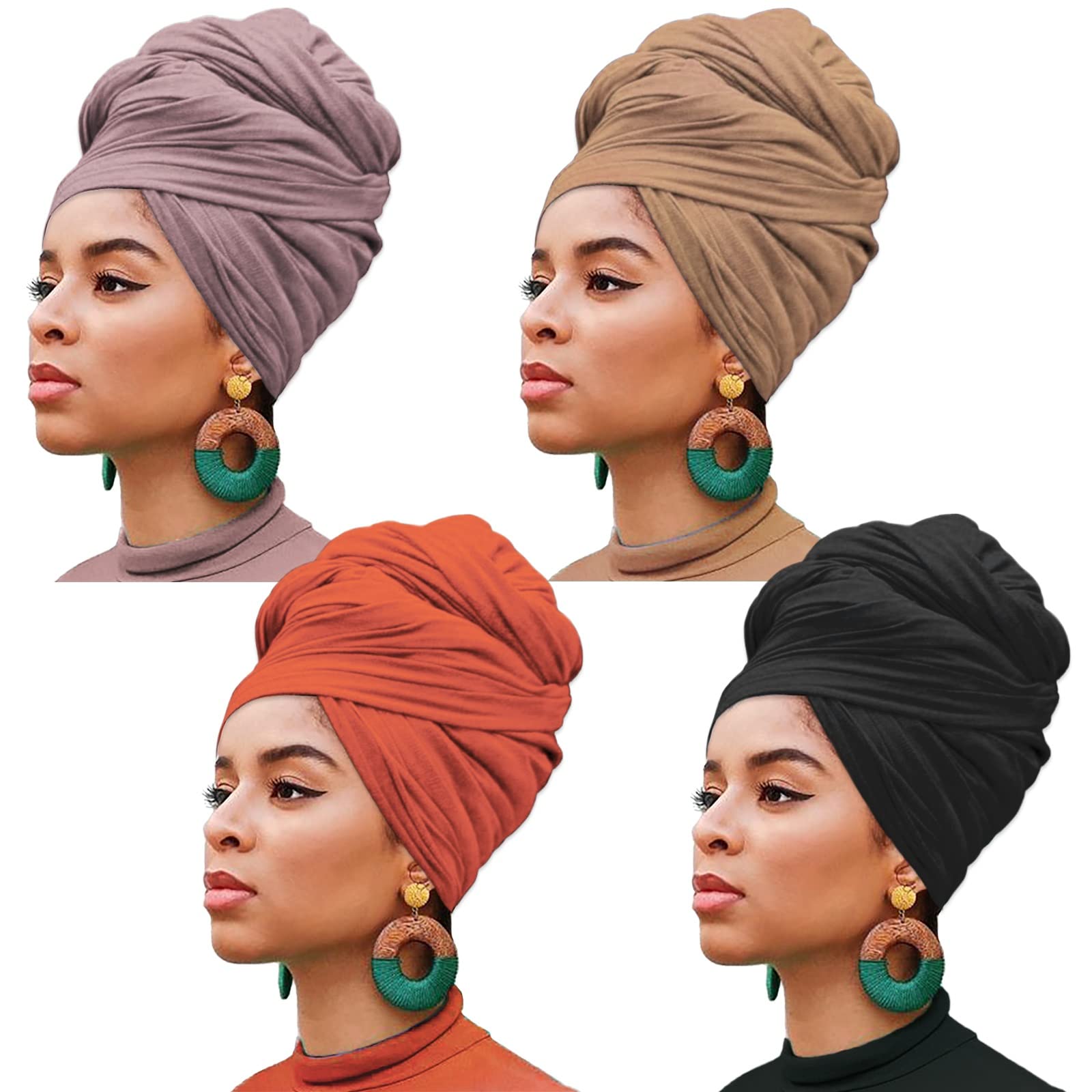 XTREND 4 Pieces Stretch Jersey Head Wraps Turban African Fashion Headband Long Hair Scarf Solid Color Head Wrap Ultra Breathable Soft Turban Tie for