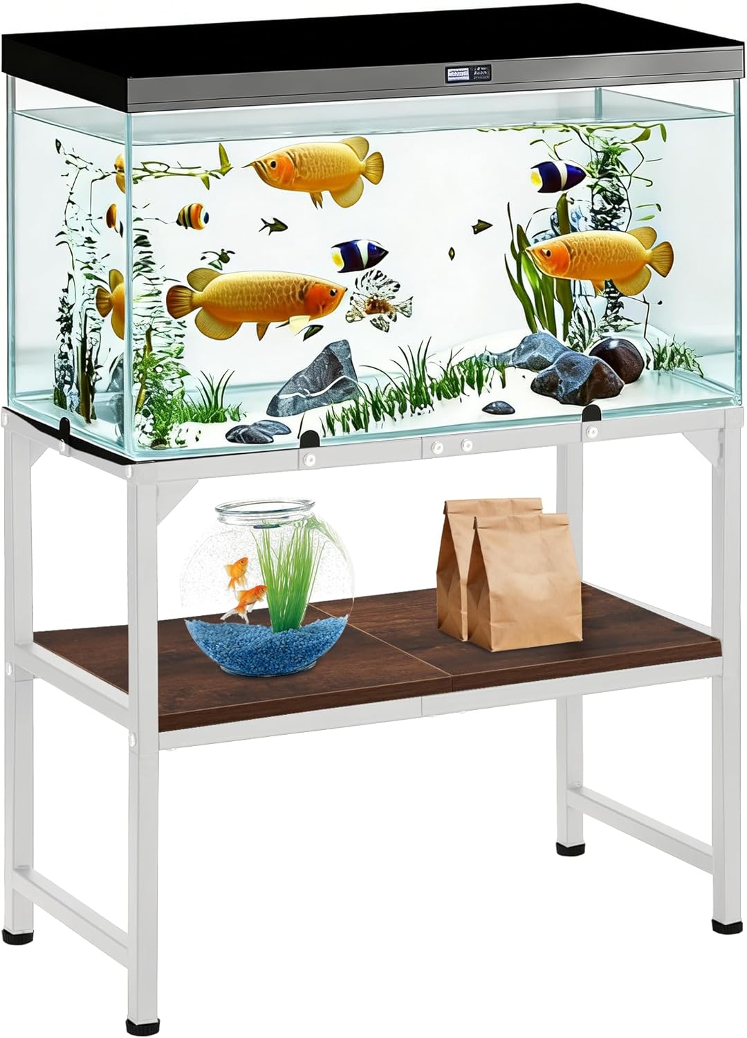 10-20 Gallon Fish Tank Stand, Metal Aquarium Stand with Adjustable Non-Slip Foot and Wooden Shelf, Reptile Tank Stand Easy to Assemble for Home Office, Firm and Steady(Tank not Included)