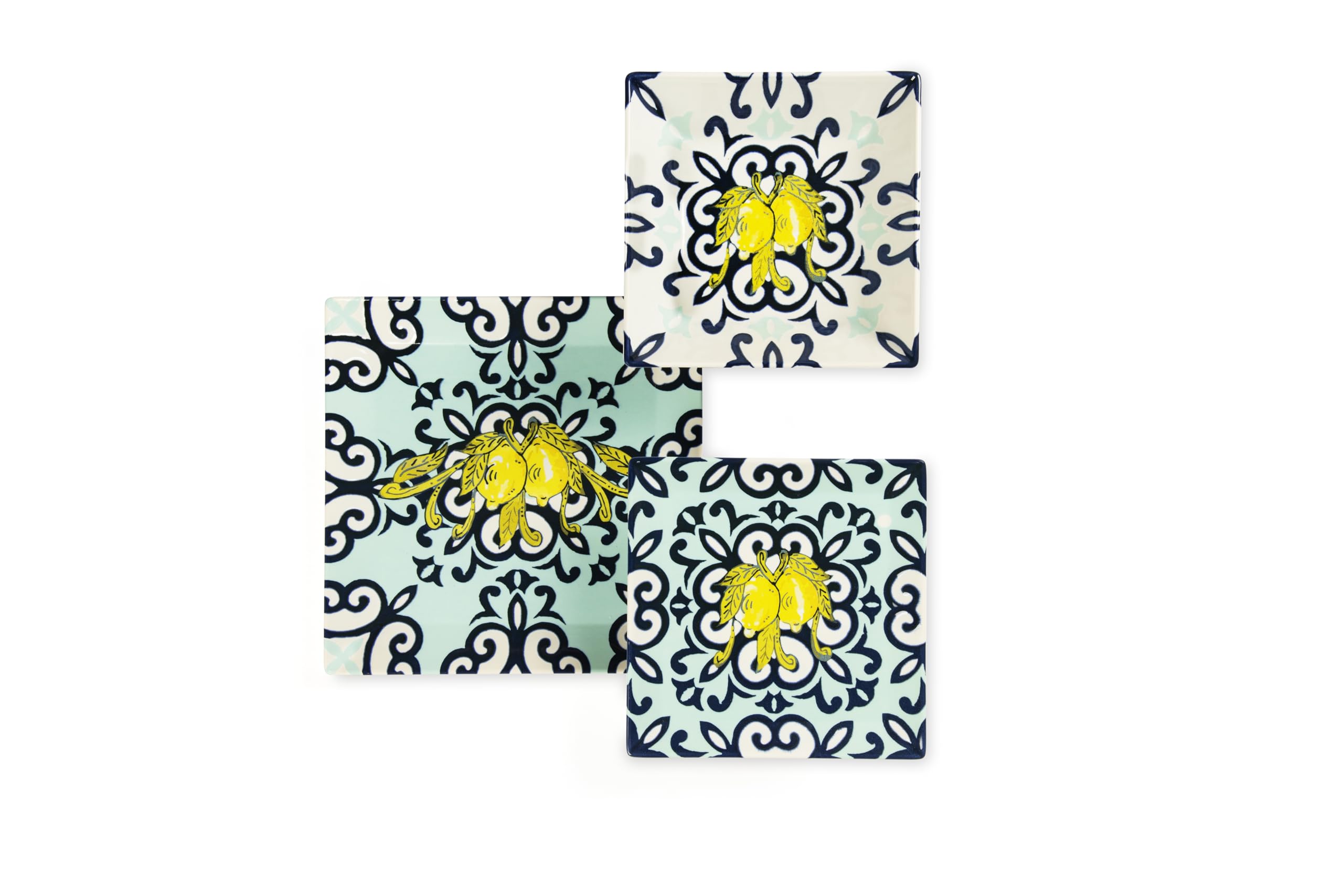 Excelsa Amalfi Servizio Piatti Quadrati in Ceramica, Set 18 Pezzi con Decorazione Limoni e Fregi Blu