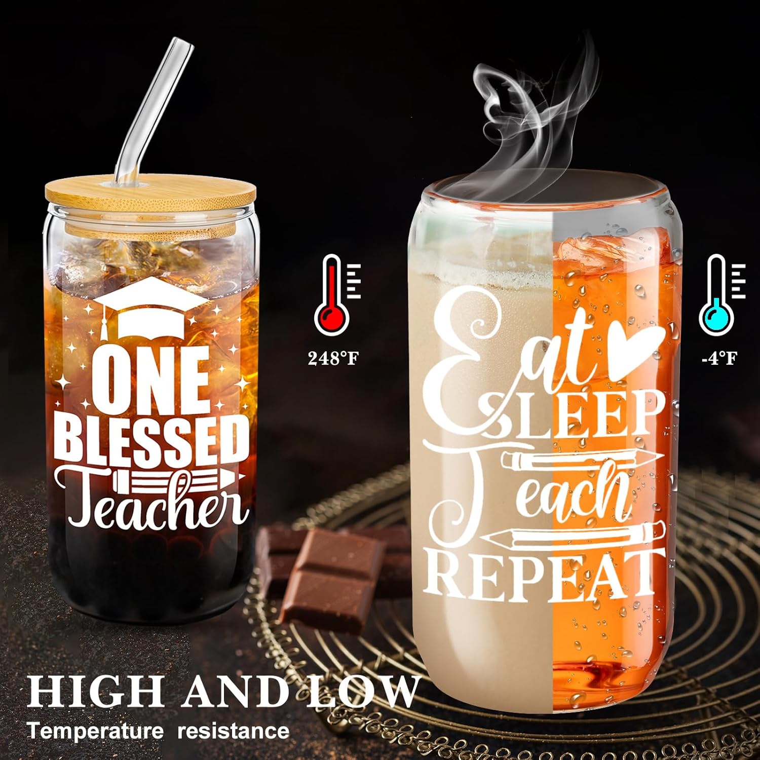 9 Sets Teacher Appreciation Gifts Bulk Valentine's Day Thank You Glass Cups 16 oz Tumbler Cup with Lids Straws Brushes Reusable Water Bottle Graduation Teacher Gift(Colorful Style) - Image 3