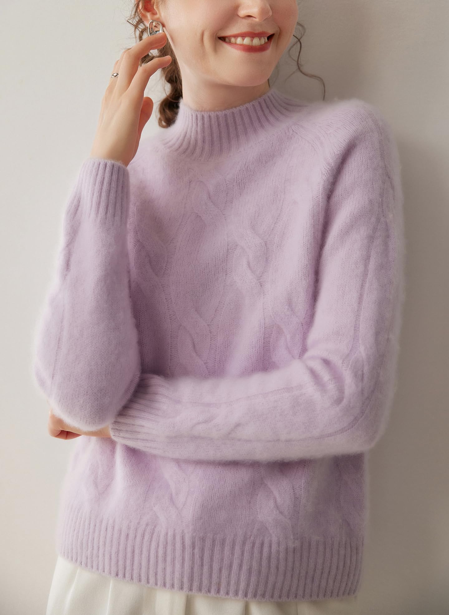 DISSA MD6850 - Maglione da donna in cashmere e lana, con scollo rotondo, a maniche lunghe, con motivo a treccia