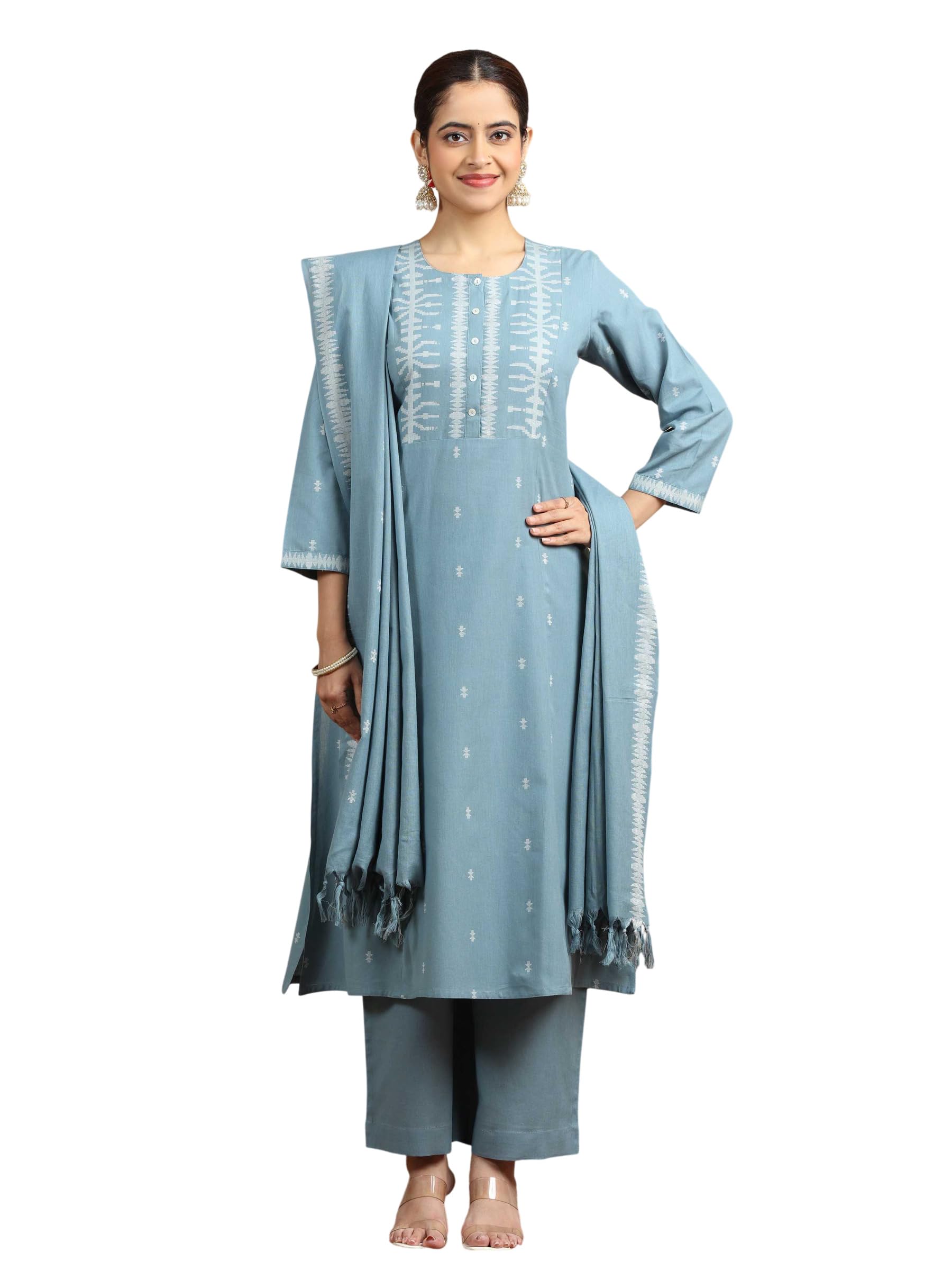 Light Blue Pure Cotton Straight Kurta Pant & Dupatta Ethnic Wear Suit set-image-20