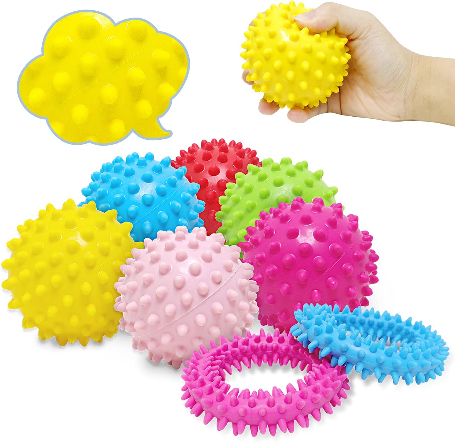 Spiky Sensory Toys Set of 6 Sensory Ball & 2 Spiky Rings, Soft Squeezy Tactile Stress Balls for Kids with ADHD Autism, Hedgehog Massage Ball for Adults Stress Relief Pain Therapy