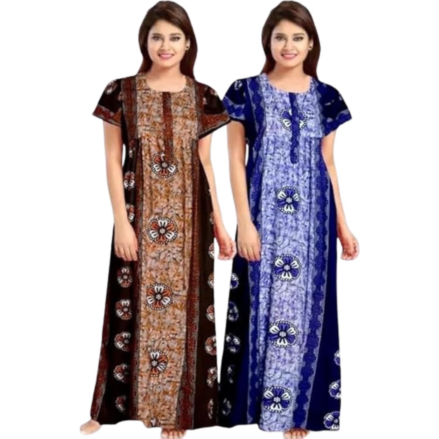 Women Pure Cotton Nighty, Printed Full Length Maxi Nightgown, Soft Breathable Sleepwear, Free Size, Pack of 2-image-19