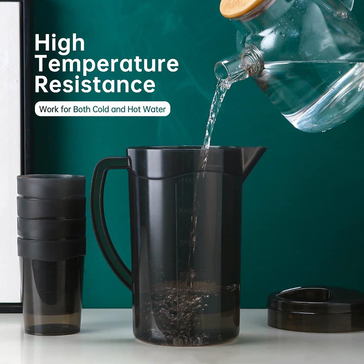 Water Pitcher Set with Lid, Iced Tea Pitcher Plastic Pitcher Set with 4 Cups, 2.5 Quart/78 OZ Juice Pitcher Drink Lemonade Pitcher (Black)