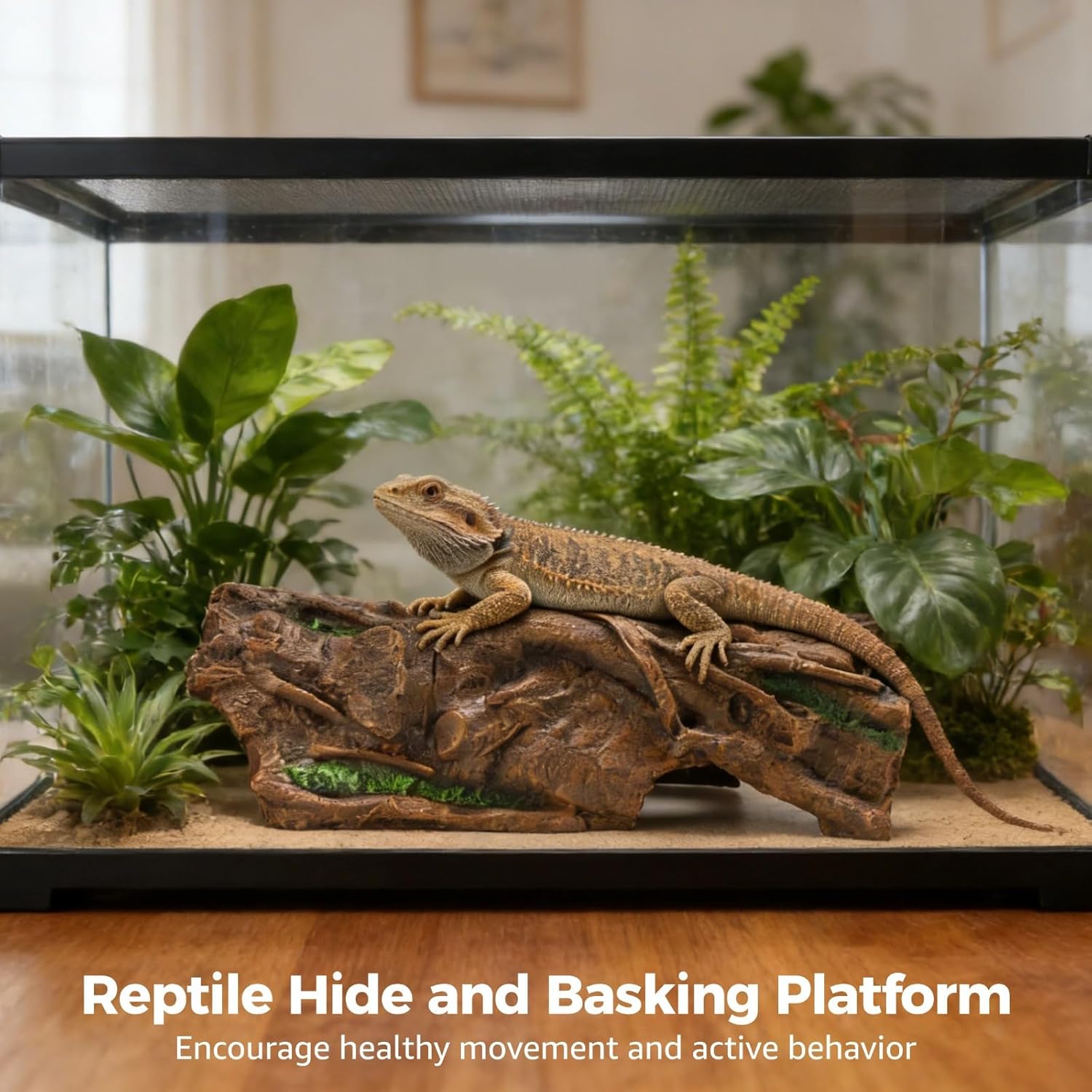 Safe Resin Hollow Log Reptile Hide, Basking Platform 13.4 X 6.3 X 4.1 in, Decoration for Snake Lizard Gecko Aquarium Terrarium