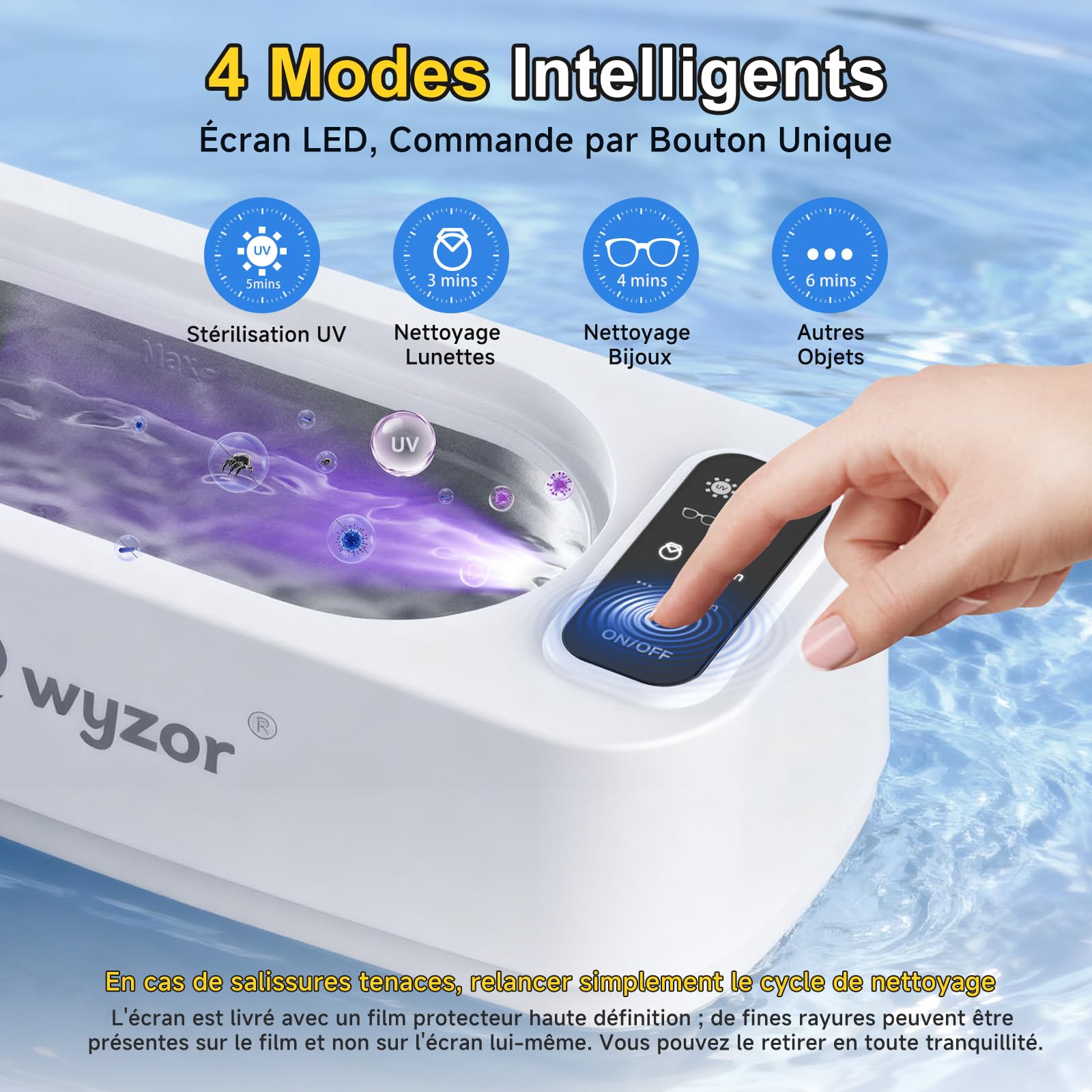 Nettoyeur Ultrasons, 55000Hz Bac a Ultrason, 350ml Ultrasonic Cleaner avec Écran LED, 4 Modes Nettoyeur Ultrason Bijoux avec Lumière UV pour Lunettes, Appareils Dentaires, Montres, Bagues et Colliers