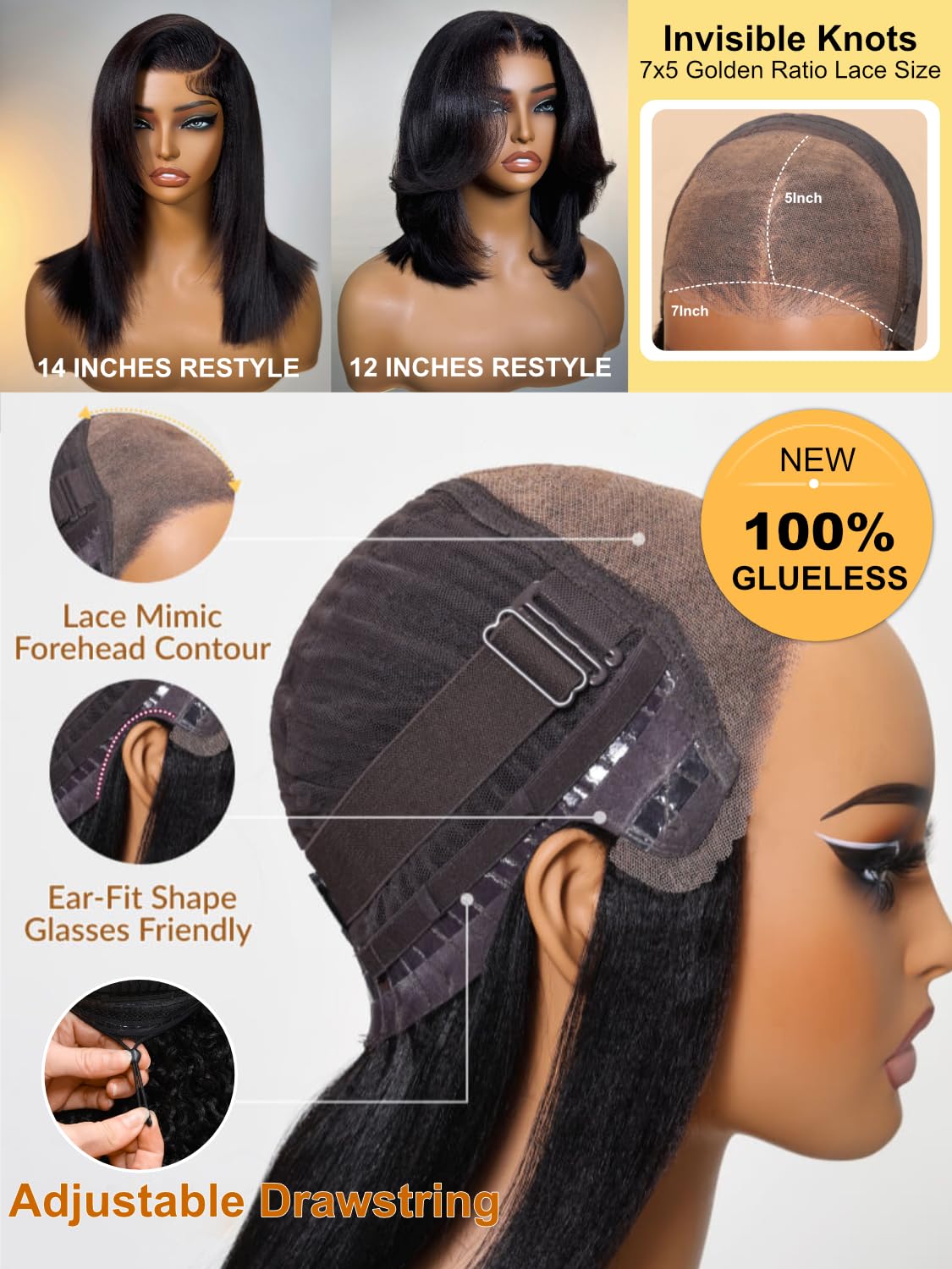 Sunber Bye Bye Knots Yaki Straight Bob Human Hair Wigs Pre Cut 7x5 HD Lace Front Glueless Wig with Elastic Drawstring Put and Go Pre Plucked Bleached Invisible Knots Pre Everything Yaki Bob 10Inch