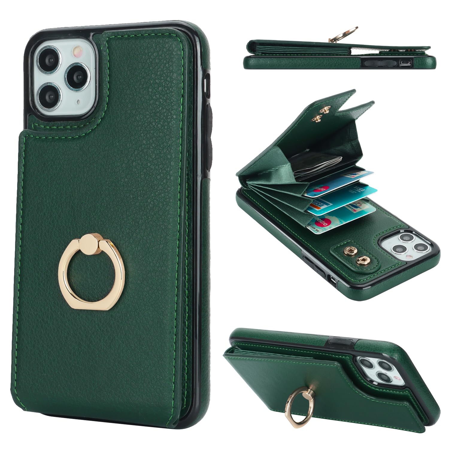 Folosu Compatible with iPhone 11 Pro Max Case Wallet with Card Holder, 360°Rotation Finger Ring Holder Kickstand Protective RFID Blocking PU Leather Double Buttons Flip Shockproof 6.5 Inch Dark Green